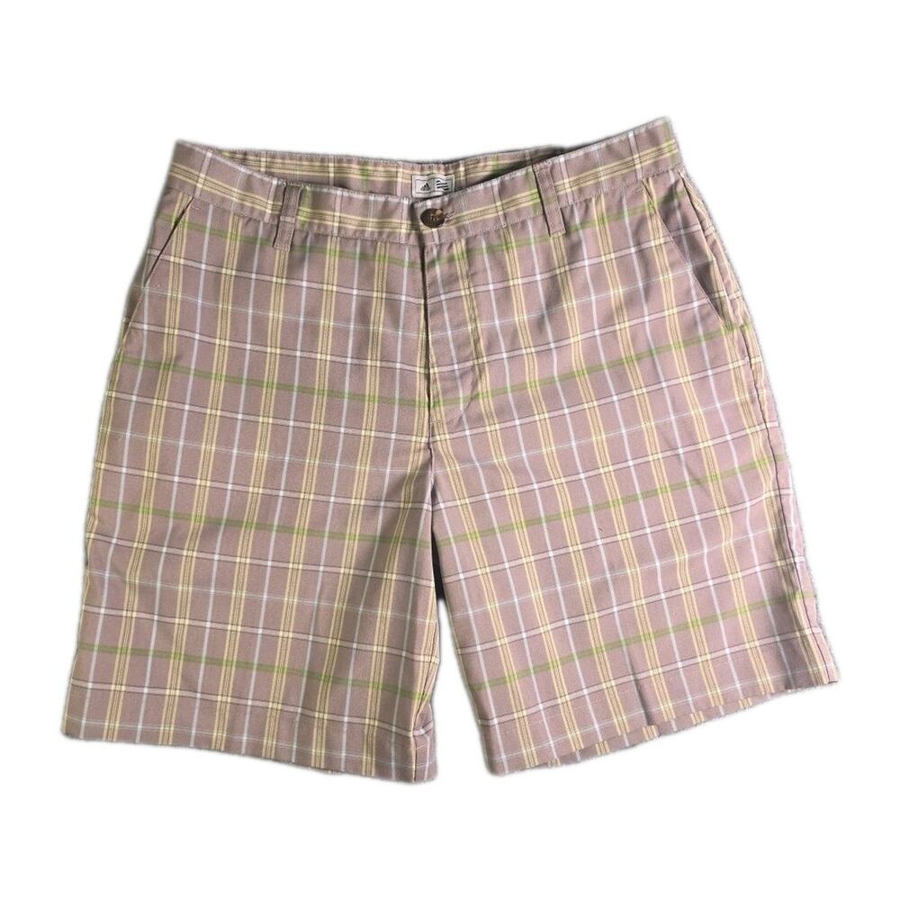 Adidas Golf Shorts Men 32 W 9 Gray Plaid Flat Front Stretch Casual Polyester